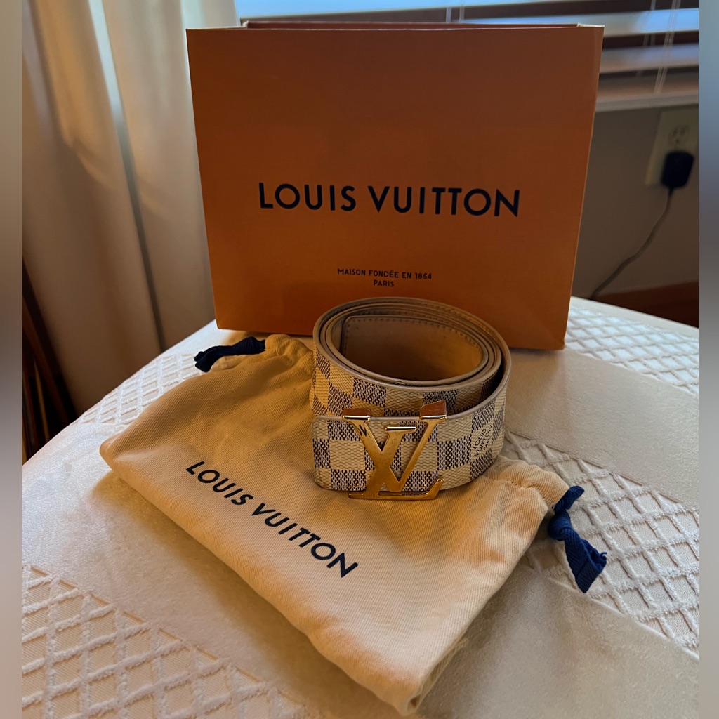 Authentic Used Louis Vuitton White Checkered Initials Belt.